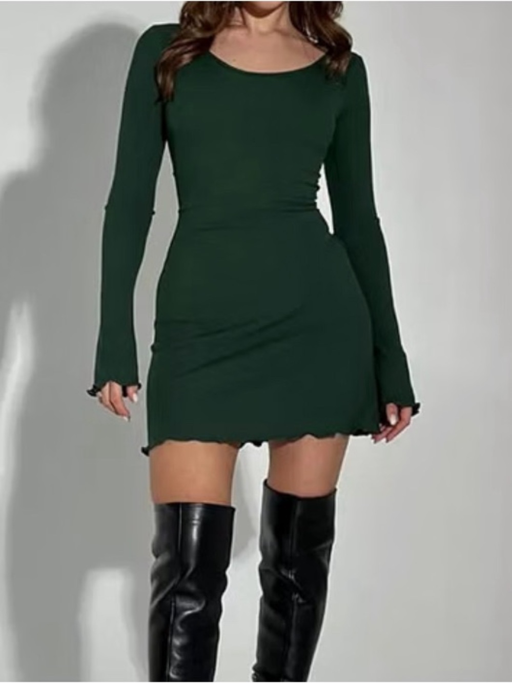 🍀Classic Ribbed Scoop Neck Long Sleeve Dress - dark bluish Green